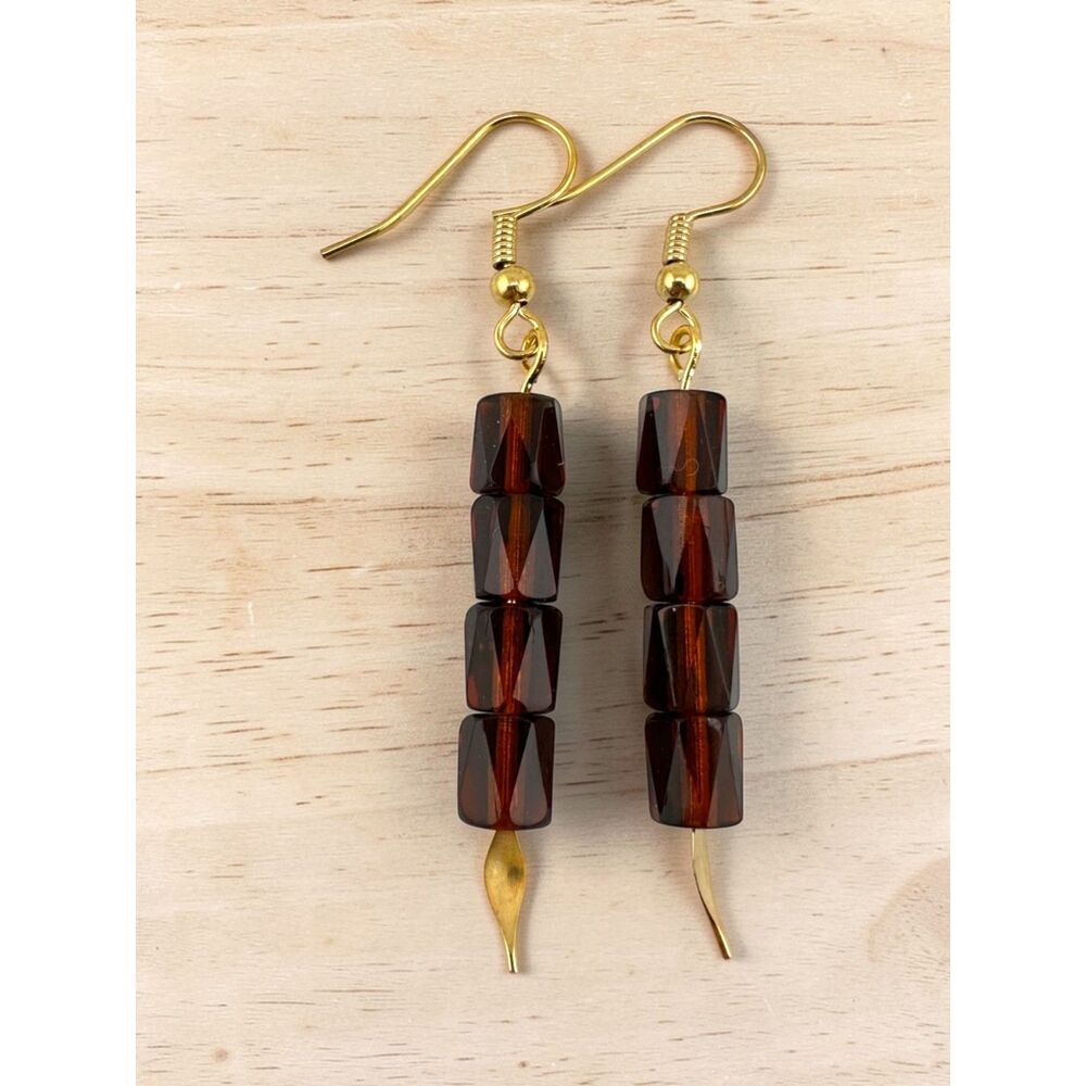 Amber Brown Czech Glass Earrings Gold Plated Faceted Dangle Minimalist Handmade - Picture 5 of 10